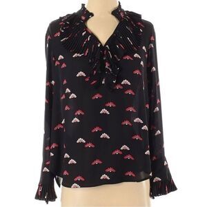 Ann Taylor M Black Multi Pleated Mock Neck and Cuffs Long Sleeve Modest Blouse